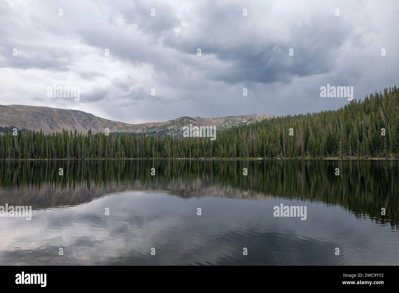 Lac forestier tranquille reflétant ciel nuageux et montagnes Banque D'Images