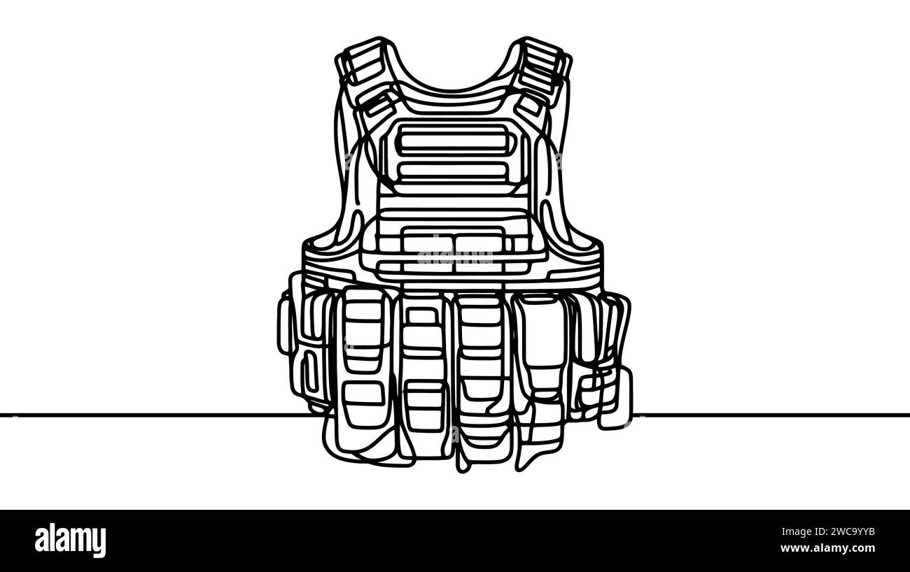 Gilet de combat de l'armée partie de l'équipement militaire et de la force de l'armée vecteur d'icône dessiné à la main. Une ligne continue. Illustration de Vecteur