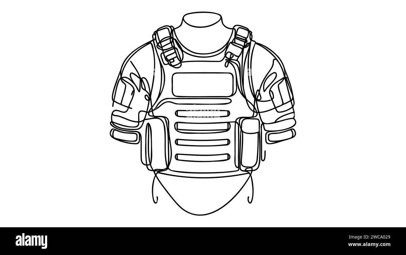 Gilet de combat de l'armée partie de l'équipement militaire et de la force de l'armée vecteur d'icône dessiné à la main. Une ligne continue. Illustration de Vecteur