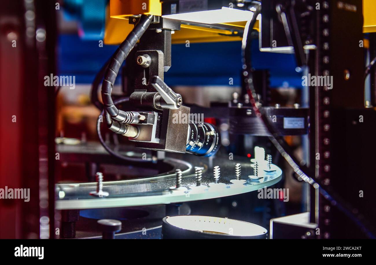 Contrôle de haute qualité dans la fabrication d'une machine de tri optique pour les vis de fixation de la gamme de produits Banque D'Images