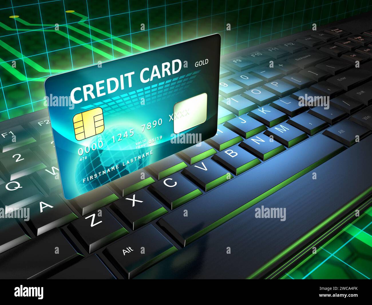 Une carte de crédit comme outil de paiement en ligne. Illustration numérique. Banque D'Images