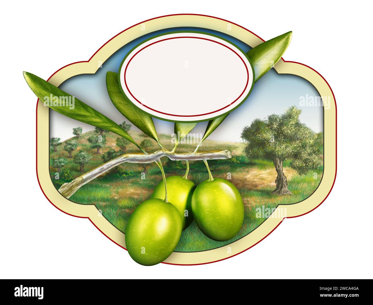 Étiquette d'huile d'olive avec un beau paysage de campagne. Illustration numérique, espace de copie disponible, chemin de détourage inclus. Banque D'Images