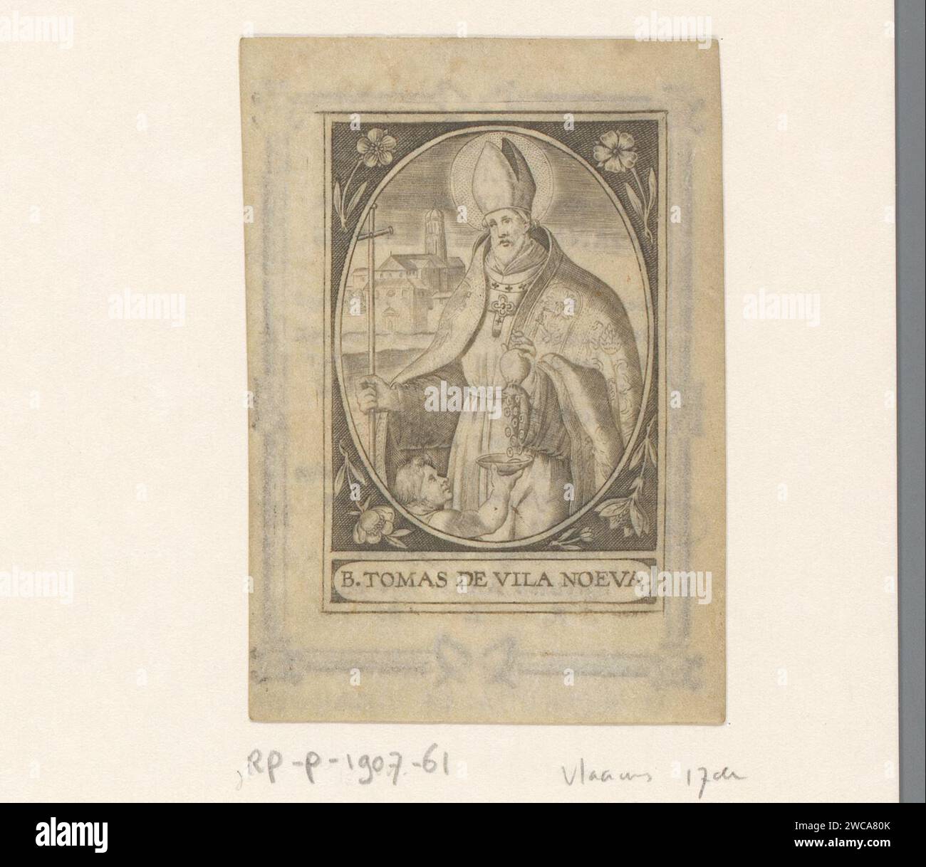 Thomas van Villanova, anonyme, 1802 impression sur verso van de Prent message sur la mort du prêtre Joannes Theodorus Vermeer le 29 décembre 1801. Sud des pays-Bas (peut-être) parchemin (matériel animal) gravure / impression typographique le frère Augustine Thomas de Villanueva, archevêque de Valence ; attributs possibles : mendiants, estropiés, bourse Banque D'Images
