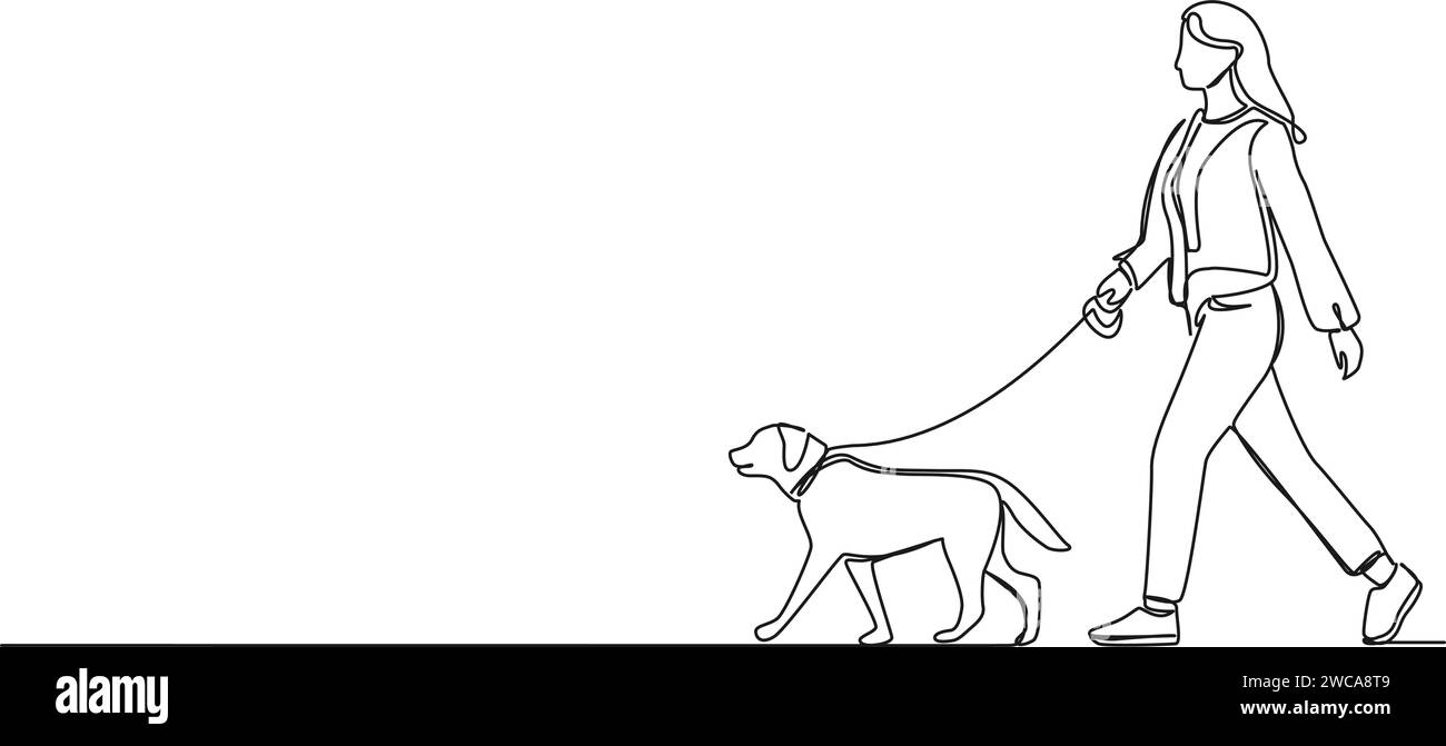 dessin continu à une seule ligne de femme promenant un chien, illustration vectorielle d'art au trait Illustration de Vecteur