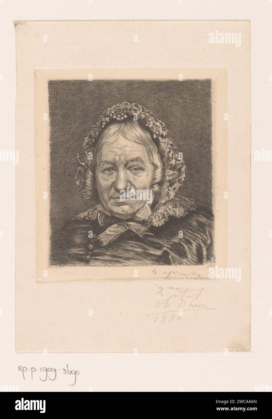 Portrait d'une vieille femme inconnue avec chapeau de dentelle, Auguste danse, 1880 papier gravure / tête de point sec : casquette (+ vêtements pour femmes). vieille femme Banque D'Images