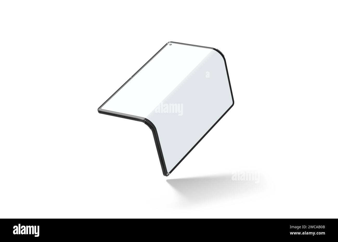 Maquette pliée à moitié pliée de l'affichage du livre blanc blanc, isolée, rendu 3D. Maquette de smartphone incurvée à rabat vide, isolée. Effacer gad Banque D'Images