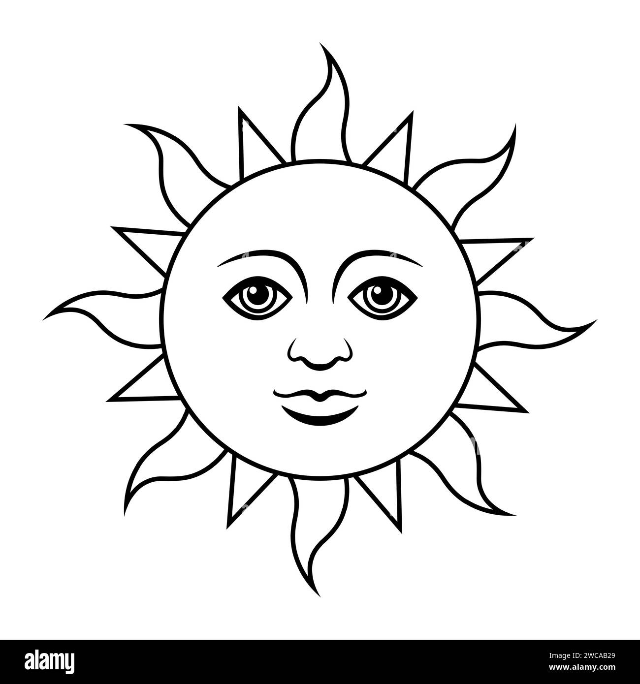 soleil avec visage, illustration vectorielle noir et blanc isolé sur blanc Illustration de Vecteur