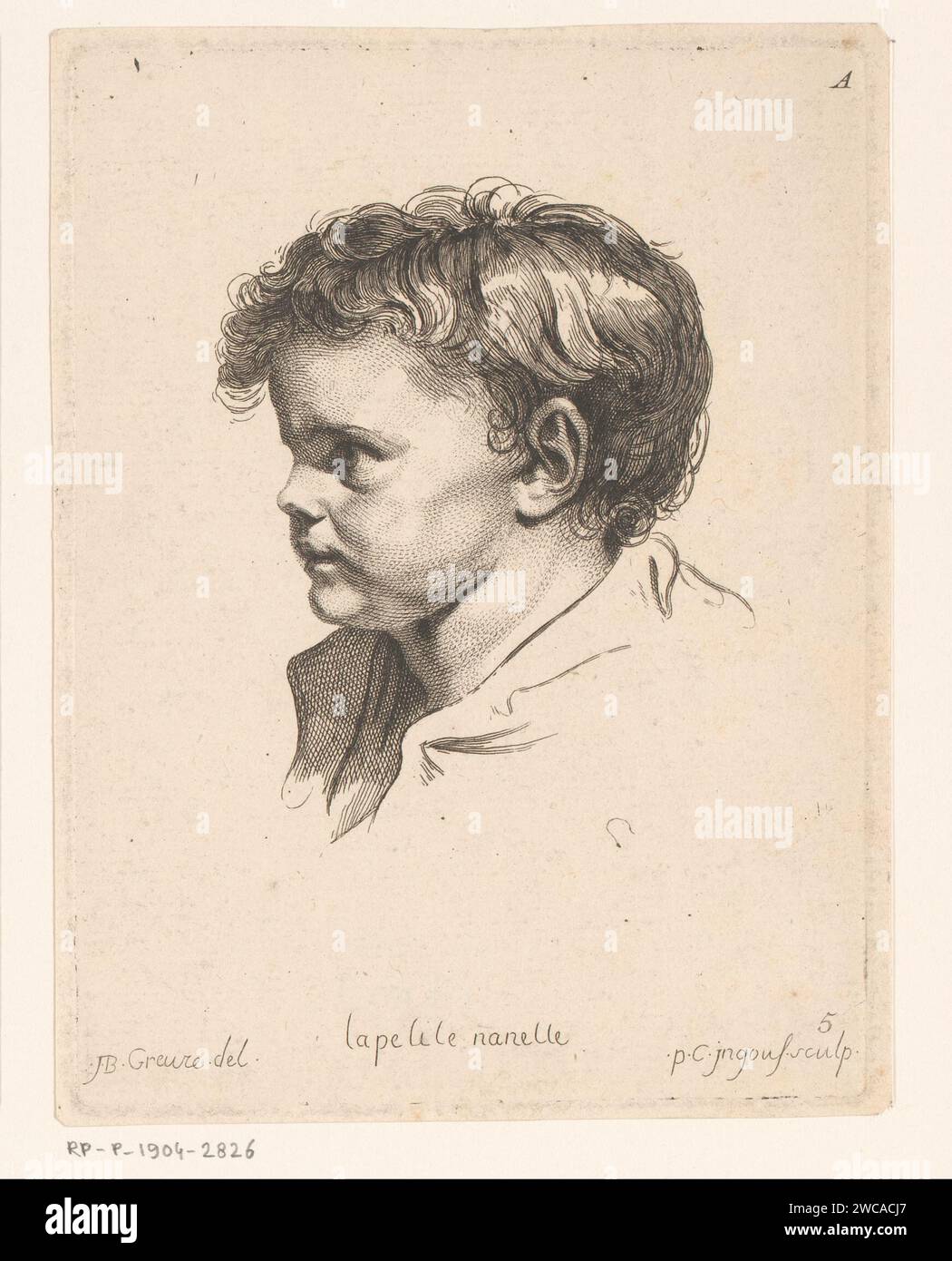 Tête d'un jeune enfant, tournée vers la gauche, Pierre Charles Ingouf, d'après Jean-Baptiste Greuze, c. 1766 print France papier gravure / gravure enfant Banque D'Images