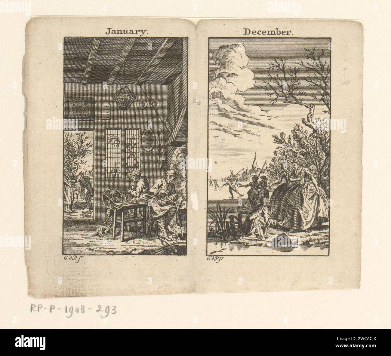 Janvier et décembre, PIB monogrammiste, 1700 - 1799 imprimer janvier : cuisine des femmes. À l'arrière gauche un homme qui coupe du bois. Décembre : Paysage avec animation sur glace. Papier des pays bas gravant les douze mois représentés par des paysages (+ avec des scènes montrant des occupations humaines ~ saisons et mois). Décembre et janvier ~ activités humaines (année divisée en six saisons) (+ avec différents concepts ~ saisons et mois). cuisson des aliments. sports d'hiver Banque D'Images