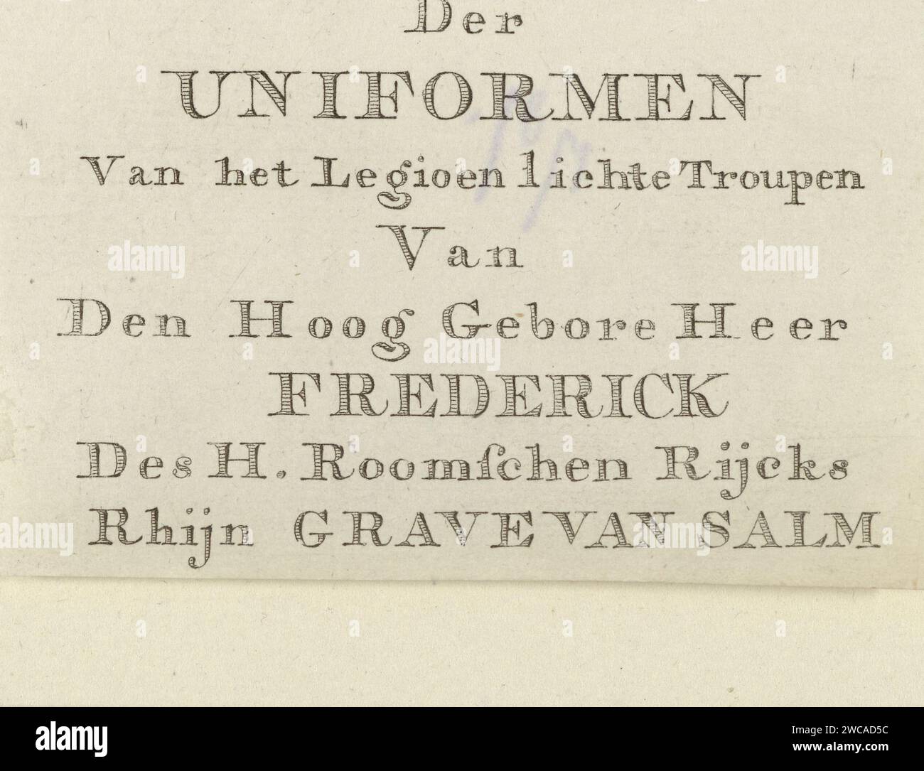 Serietitel, anonyme, titre de la série imprimée 1785. Fait partie de la série de presse des uniformes de la Légion de Frederik III Rijngraaf de Salm, employée par la République en 1785. Gravure sur papier du nord des pays-Bas Banque D'Images