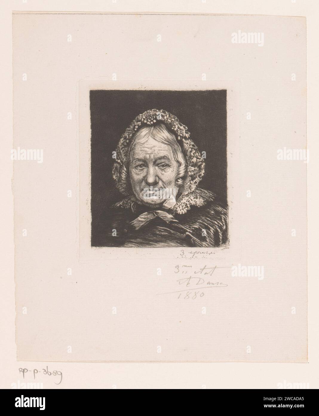 Portrait d'une vieille femme inconnue avec chapeau de dentelle, Auguste danse, 1880 papier gravure / tête de point sec : casquette (+ vêtements pour femmes). vieille femme Banque D'Images