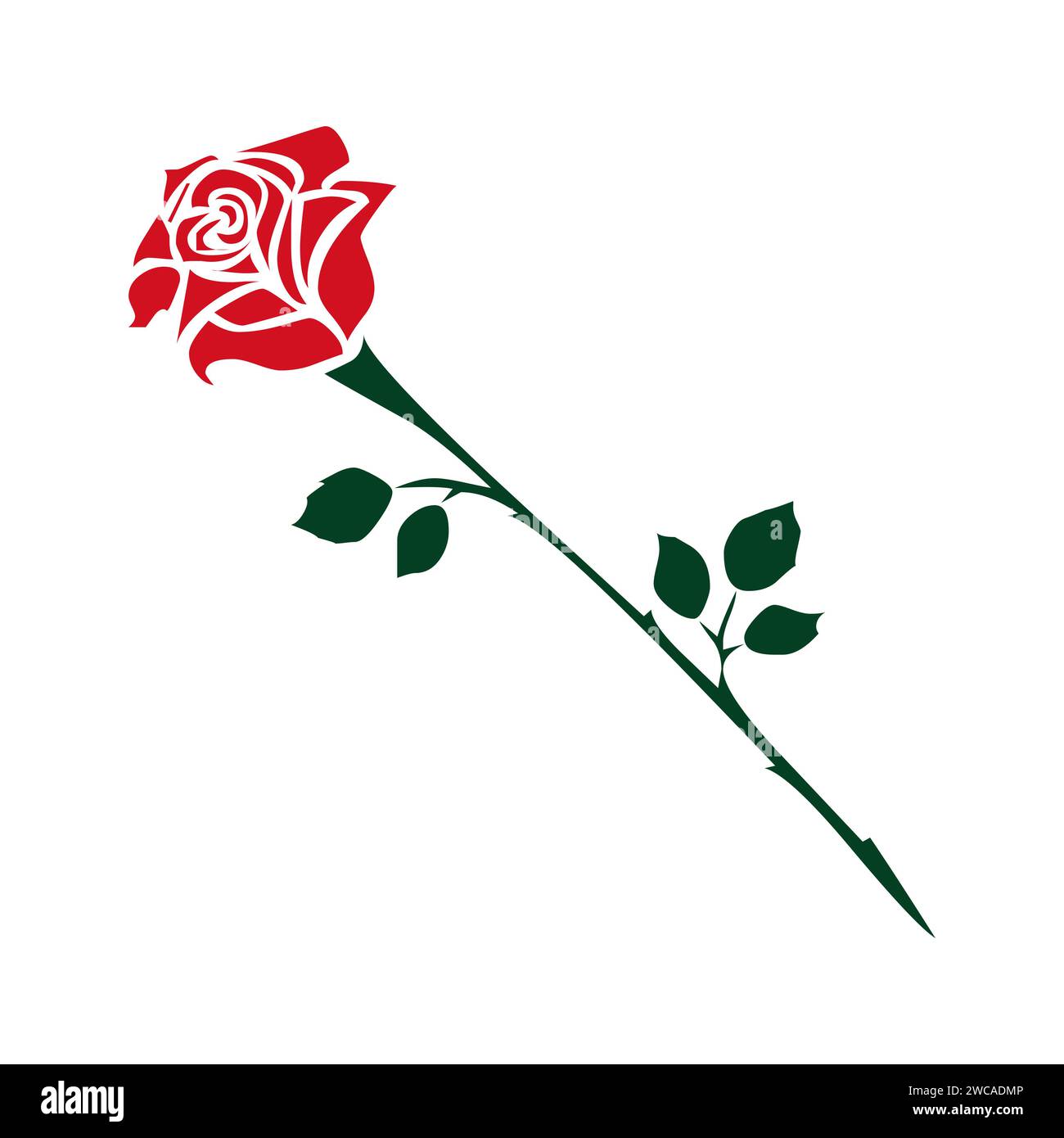 Rose rouge dessinée à la main avec tige verte et feuilles Illustration de Vecteur