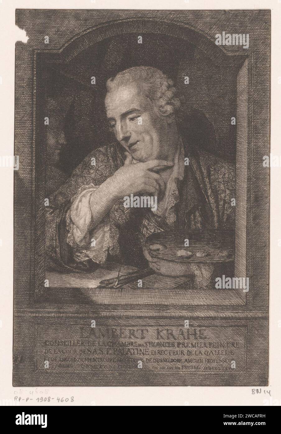 Portret van Lambert Krah, Joseph I Fratrel, 1777 print France papier gravure de personnages historiques. portrait, autoportrait de peintre. « trompe l'œil » Banque D'Images