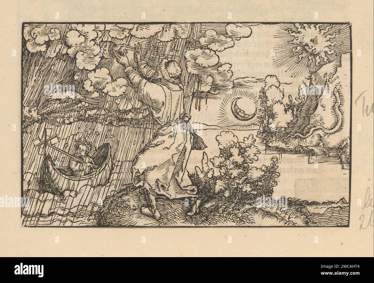 L'homme atteint la main de Dieu dans un temps orageux, Anonymous, Hans Weiditz (II), 1514 - 1532 imprimer Imprimer fait partie d'un album. impression typographique papier bon et mauvais temps. 'Conversione' (Ripa). Main, 'Dextera Dei'  symbole de Dieu le Père Banque D'Images