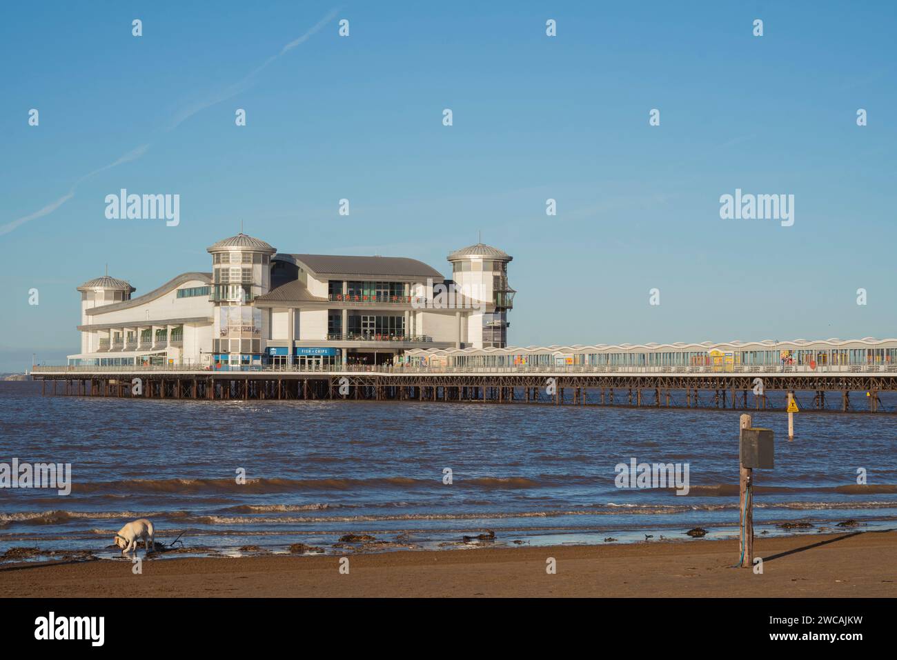 Le Grand Pier à Weston-super-Mare, North Somerset, par une journée claire et ensoleillée à marée haute. Banque D'Images