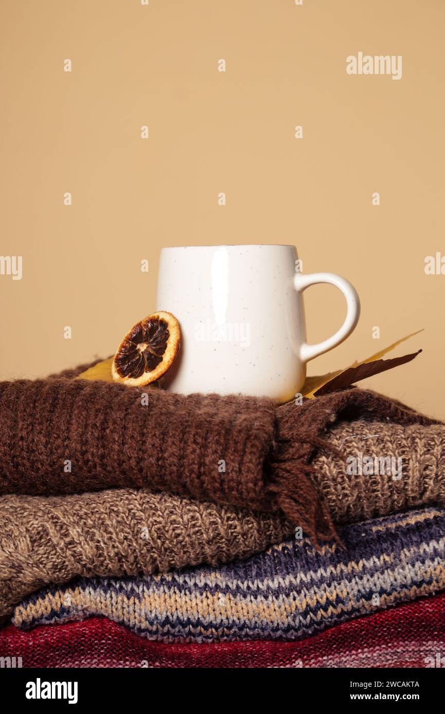 Concept de style de vie hivernal confortable. Tasse de boisson chaude avec caillot tricoté chaud Banque D'Images