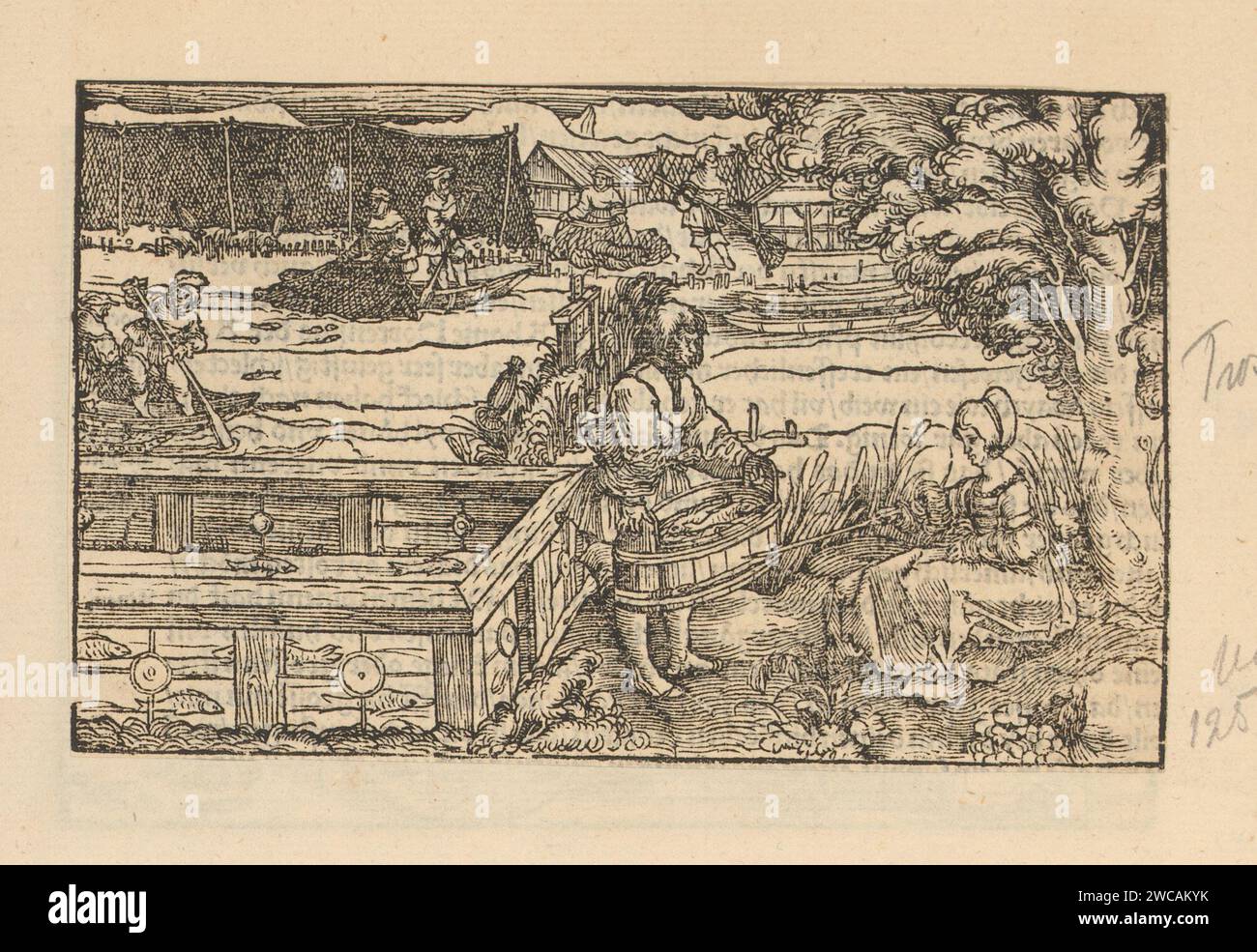 Les pêches et une femme noble, Anonyme, Hans Weiditz (II), 1514 - 1532 imprimer Imprimer fait partie d'un album. impression typographique papier pêche commerciale Banque D'Images