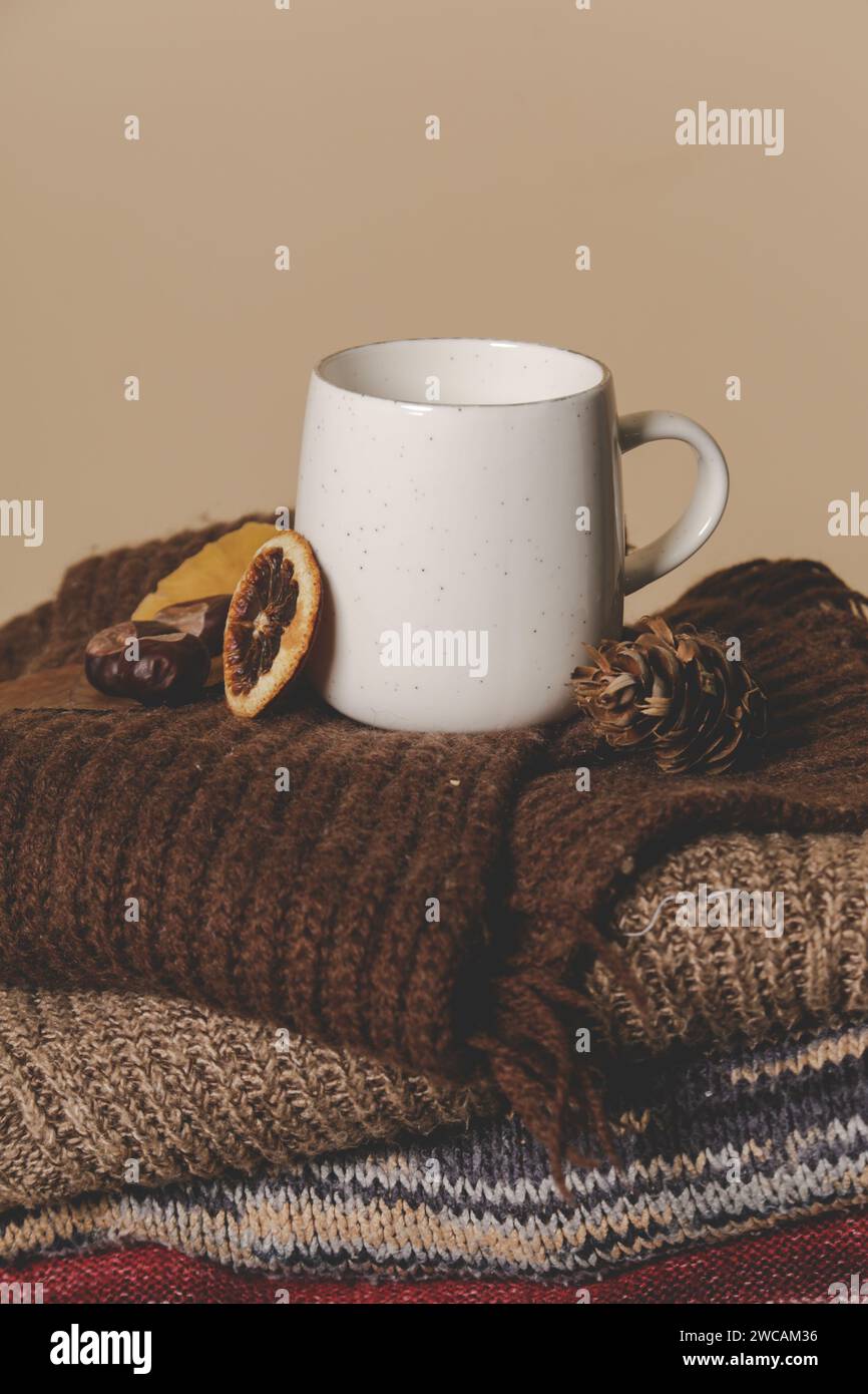 Concept de style de vie hivernal confortable. Tasse de boisson chaude avec caillot tricoté chaud Banque D'Images