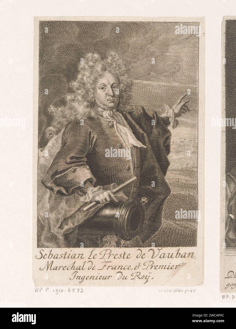 Portrait de Sébastien le Prestre de Vauban, Martin Berbigeroth, 1706 estampe sur papier Leipzig gravant des personnages historiques. armes à feu : canon. baton du général Banque D'Images