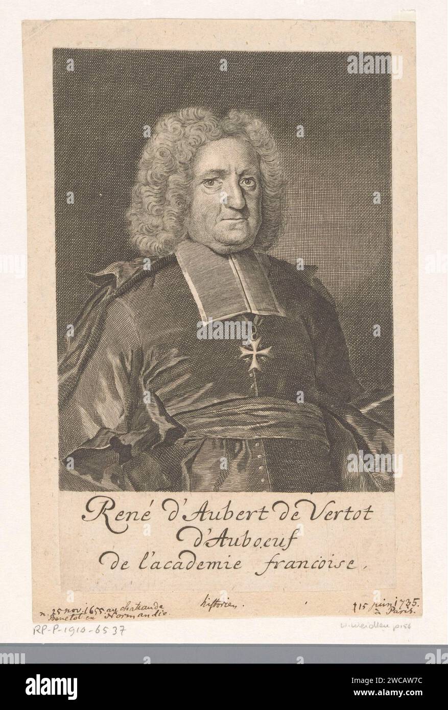 Portrait de René Aubert de Vertot, Martin Berbigeroth, 1727 estampe sur papier Leipzig gravant des personnages historiques. Ordres militaires, par exemple : Chevaliers Templiers, Chevaliers de Malte, Chevaliers Teutoniques  Église catholique romaine Banque D'Images