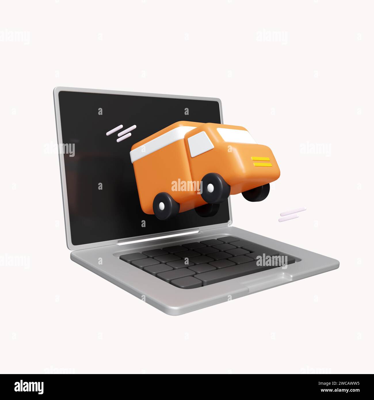 3d Service d'expédition en ligne concept isométrique avec ordinateur portable et camion. Publicité d'achat numérique logistique. icône isolée sur fond blanc. rendu 3d. Banque D'Images
