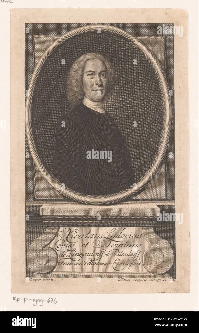 Portrait van Nikolaus Ludwig Graf von Zinzendorf, Christian Fritzsch, d'après Balthasar Denner, 1741 estampe sur papier Schiffbeck gravant des personnages historiques. ornement  médaillon Banque D'Images