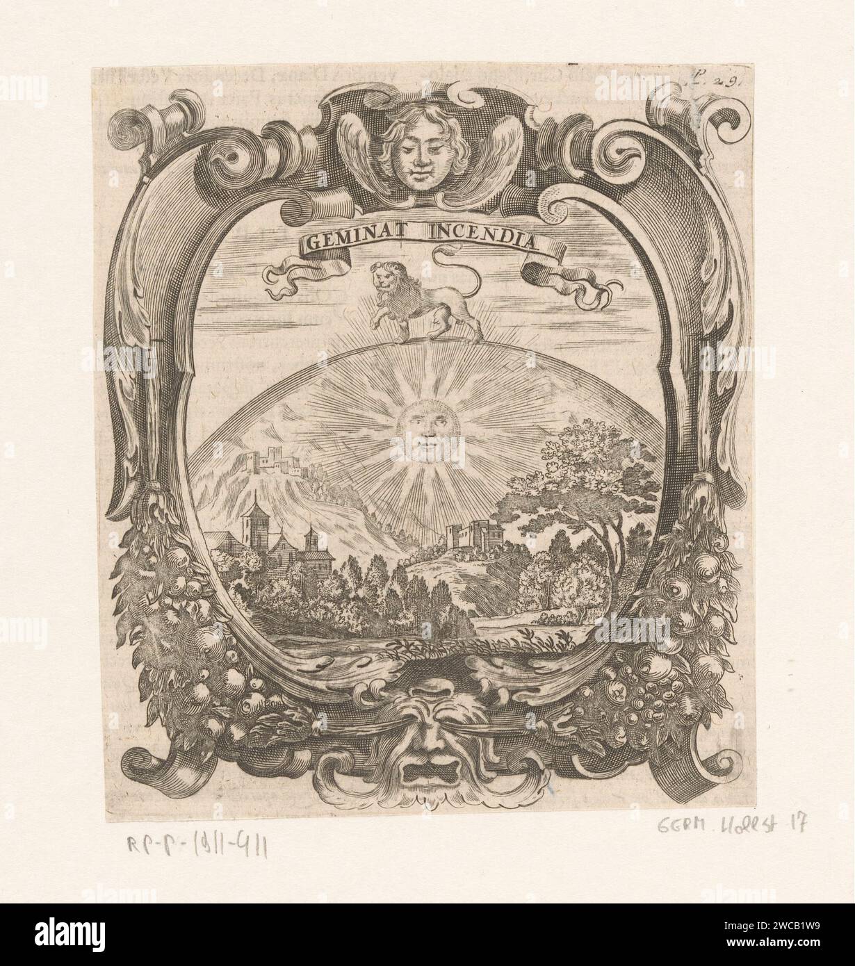 Lion règne sur le monde, Johann Eckhard Löffler, 1681 imprimer Cologne papier gravure / gravure bêtes de proie, animaux prédateurs : lion. soleil comme corps céleste. Idées abstraites et concepts (+ représentation symbolique du concept) Banque D'Images