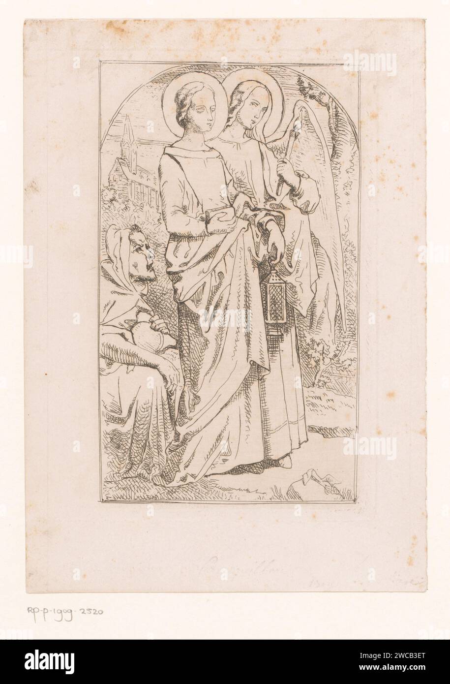 Engel mène un saint avec une lanterne à la main le long d'un homme agenouillé, Bruno Boucquillon, 1826 - 1878 estampe compte tenu des attributs (livre, lanterne et ange), le Saint Goedele de Bruxelles peut être représenté ici. papier gravure d'aspects spécifiques des anges, par exemple intervenir dans les affaires humaines. La vierge Gudula, patronne de Bruxelles ; attributs possibles : ange, livre, démon, lanterne, torche Banque D'Images