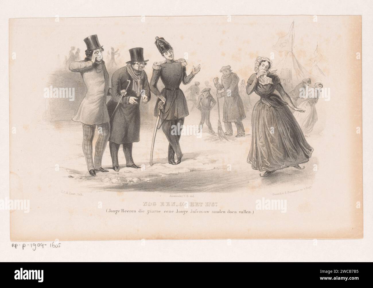 Trois hommes et une femme sur la glace, Carel Christiaan Antony Last, d'après Alexander Ver Huell, 1842 - 1887 imprimer les hommes regardent une femme qui passe en patinant. Patins en papier de la Haye (sports d'hiver) Banque D'Images