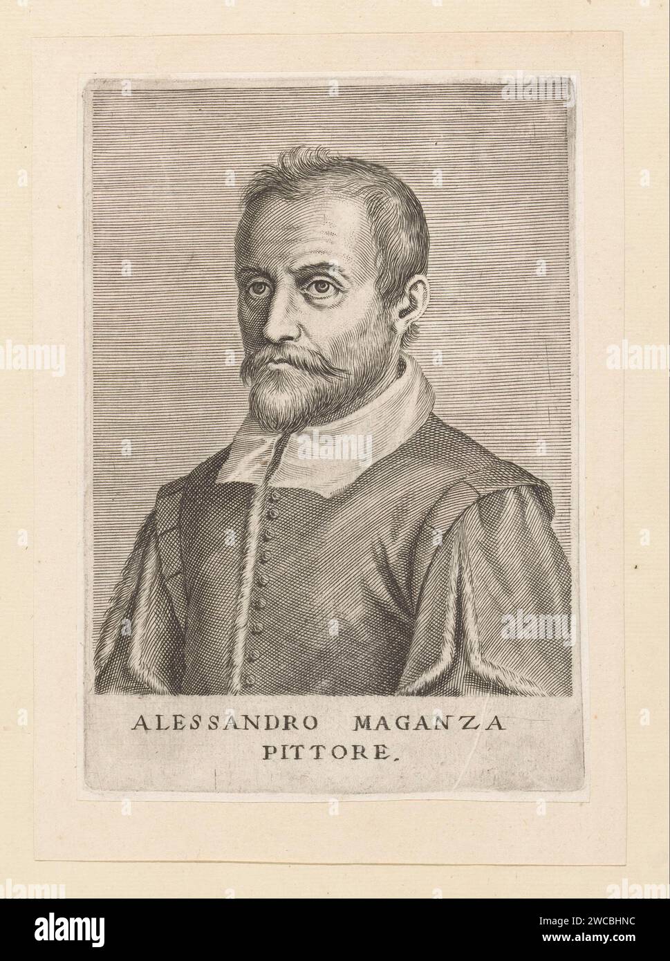 Portrait du peintre Alessandro Maganza, monogrammiste IP (Italie), c. 1600 - c. 1699 tirage Italie gravure sur papier personnages historiques. portrait, autoportrait d'artiste Banque D'Images