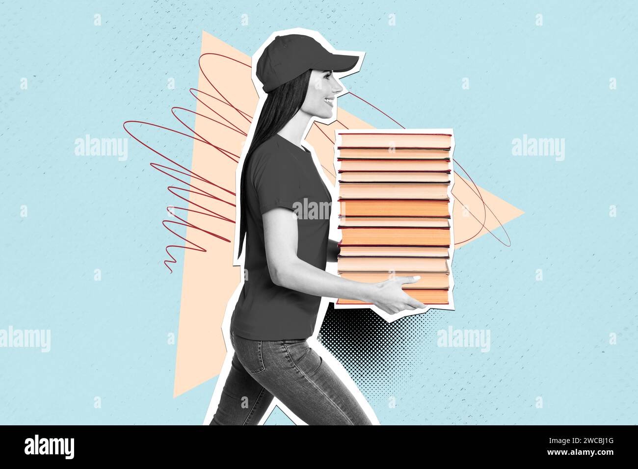 Collage photo horizontal de femme de livraison gamma noir blanc gaie en uniforme portent une promotion d'achat de commande de livres empilés pour la librairie Banque D'Images