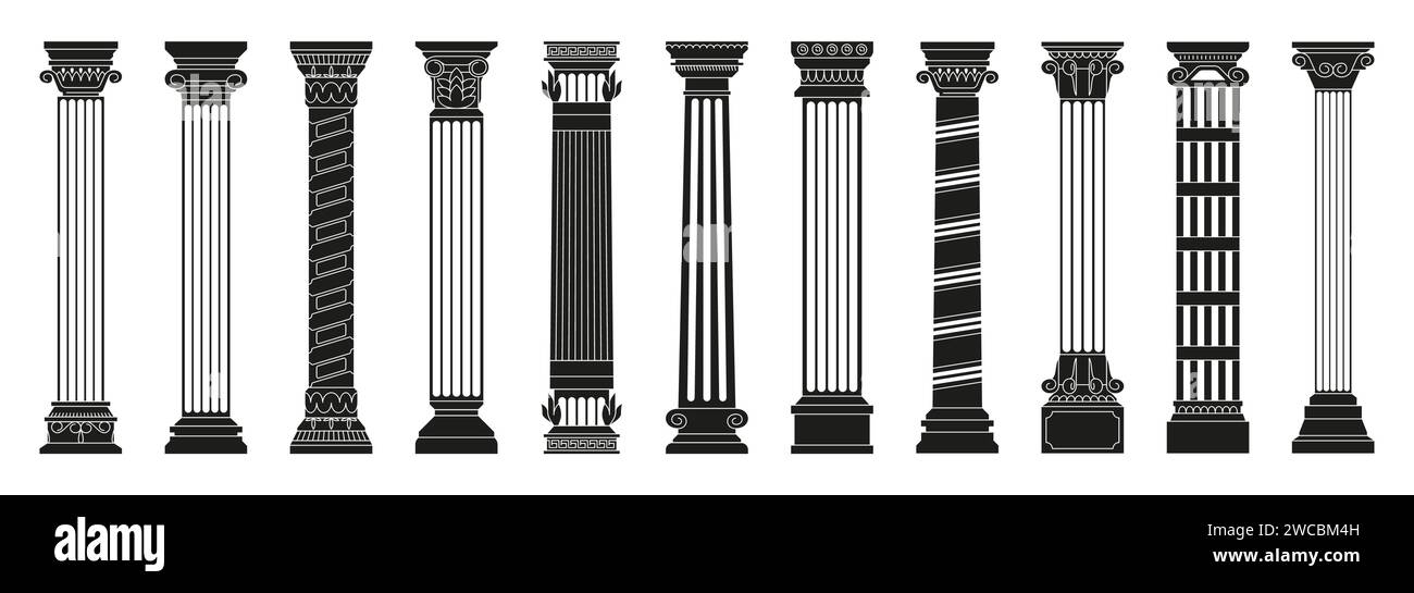 Colonnes antiques noires. Anciennes colonnes doriques romaines avec des éléments décoratifs sculptés, pièces de construction de l'architecture grecque ancienne, classique méditerranéen. Ensemble isolé de vecteur. Objets pour façade de bâtiment Illustration de Vecteur