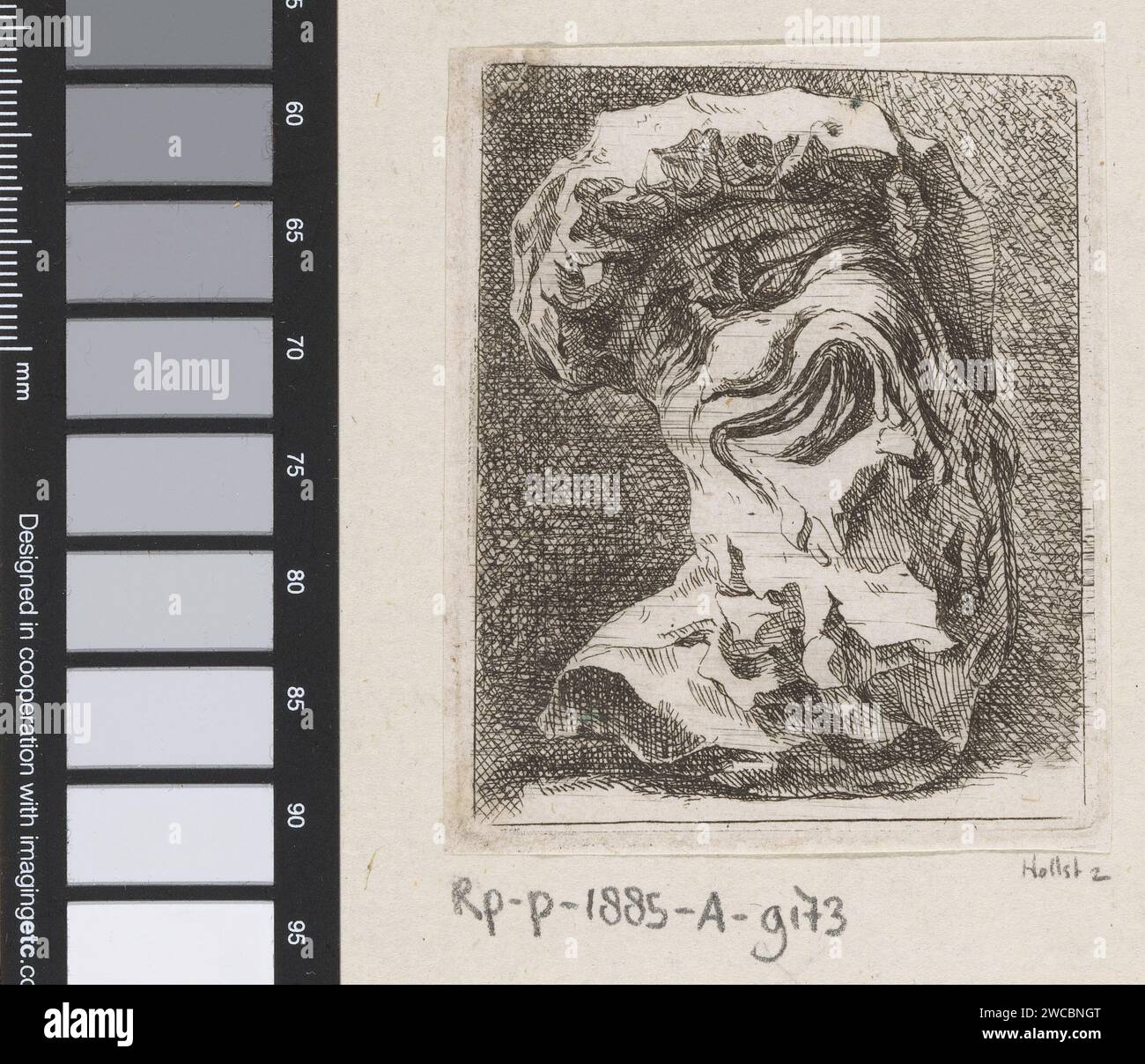 Sculpture d'une tête grotesque, Johann Franz Ermels (Der ältere), 1651 - 1693 papier gravure morceau de sculpture, reproduction d'un morceau de sculpture. tête (humaine). Laideur Banque D'Images