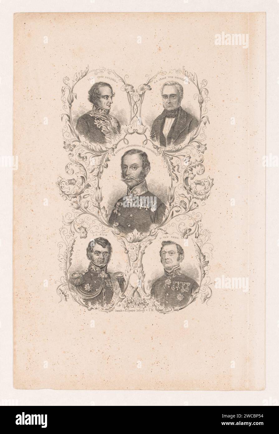 Portraits de John Russel, Karl Robert von Nesselrode, Albrecht Archiduc d'Autriche, Julius Constantijn Rijk et P. van Rees, Anonyme, Elias Spanier, 1831 - 1854 imprimer le papier de la Haye personnages historiques (portraits et scènes de la vie) Banque D'Images