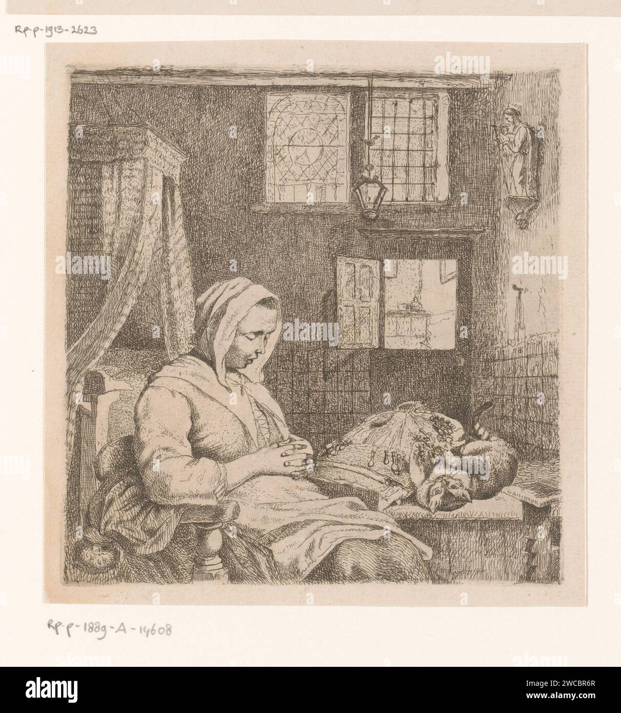 Travailleur de dentelle de sommeil dans un intérieur avec le chat sur la table, Ignatius Josephus van Regemorter, 1795 - 1873 papier gravure dormant ; inconscience. cat. intérieur de la maison Banque D'Images