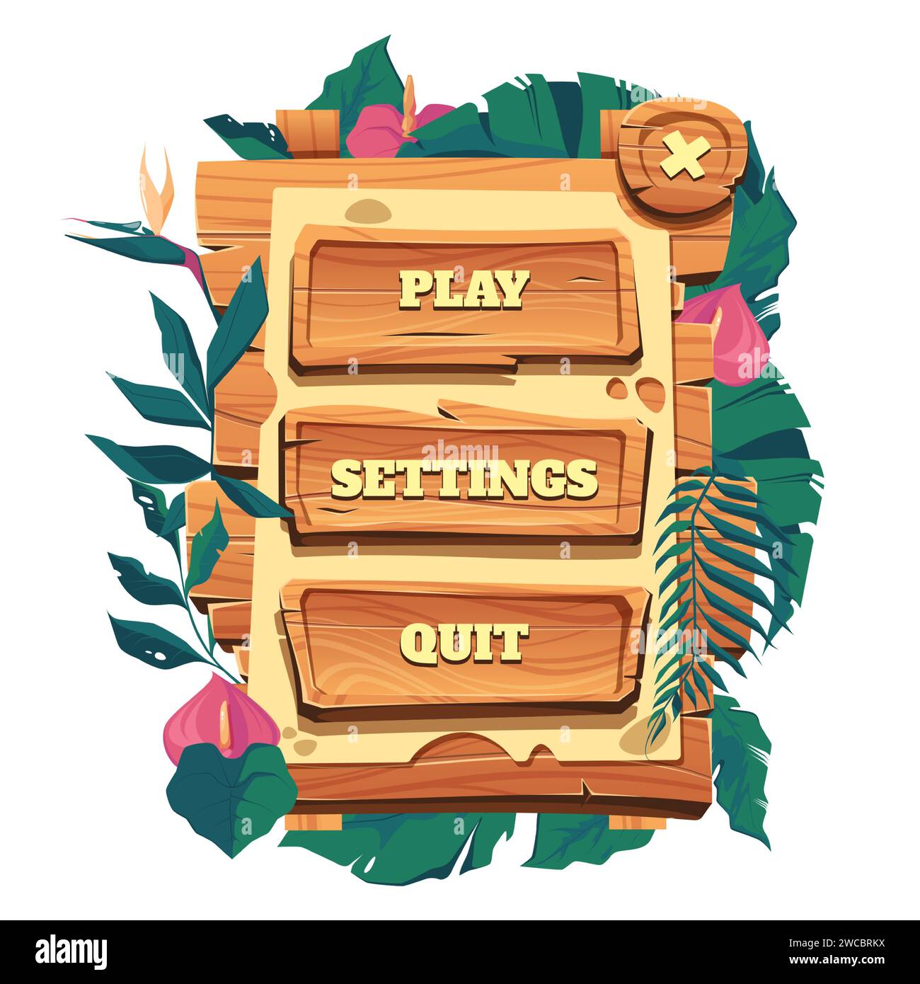 Menu en bois du jeu. Vieux boutons de cadre en bois, éléments d'interface utilisateur tribale de panneau de bande dessinée, bannière rurale pour l'interface utilisateur de jeu. Illustration isolée par vecteur de l'interface utilisateur de message de jeu de bouton Illustration de Vecteur