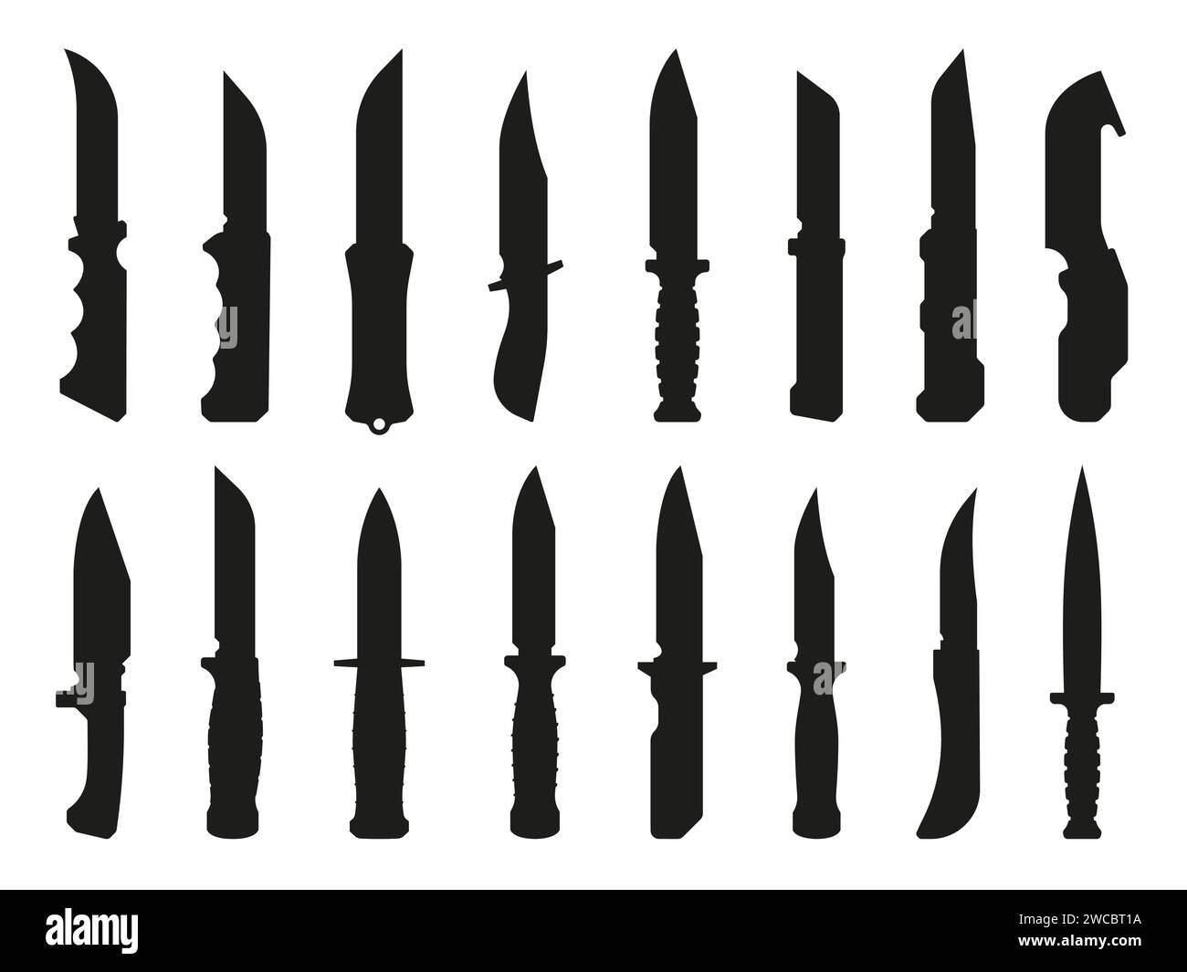 Couteau de chasse noir. Silhouettes d'armes de combat à lame tranchante, couteau utilitaire de poche pour la protection et la cuisson. Vector plat ensemble de lame noir illustration en métal pointu Illustration de Vecteur
