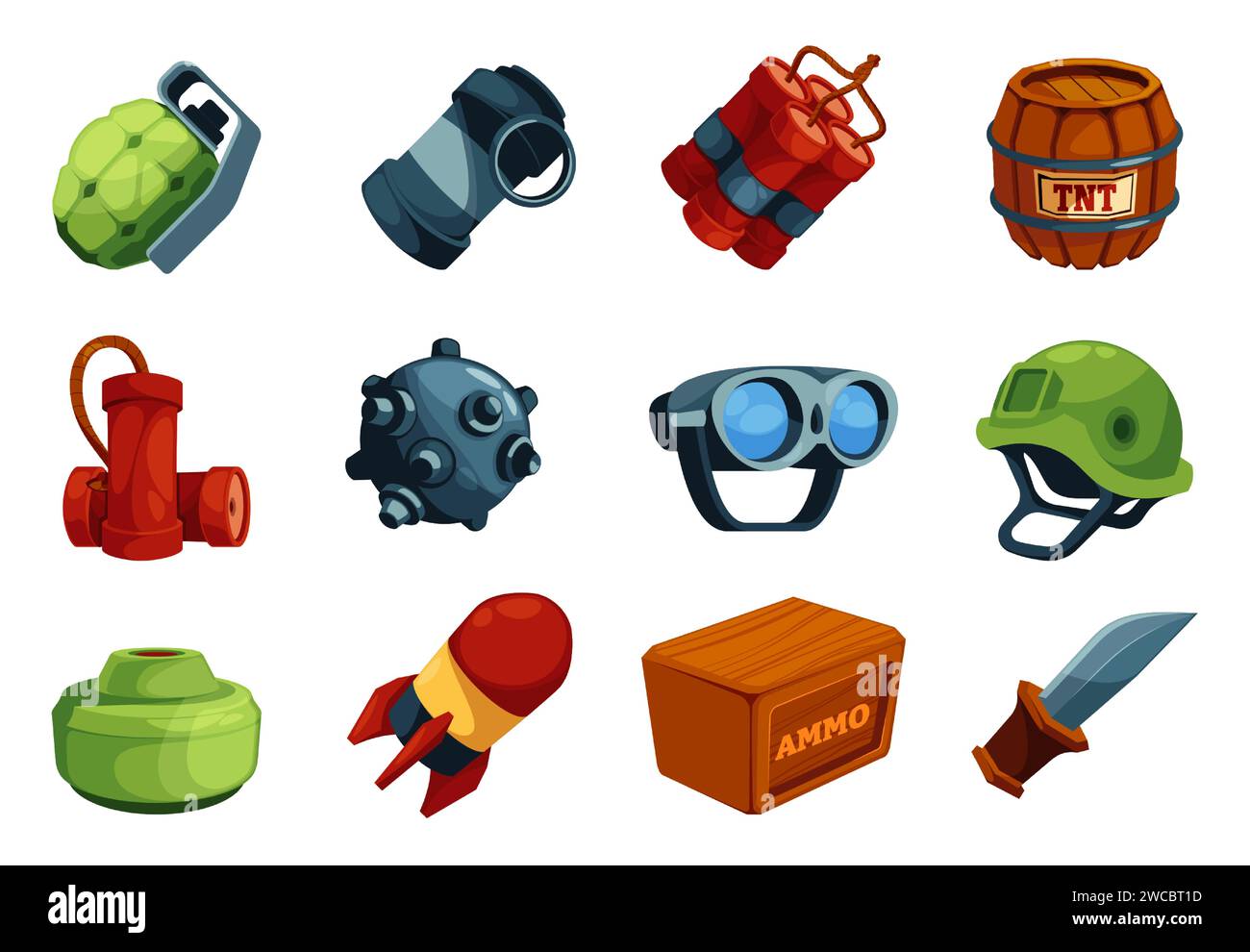 Icônes de jeu militaire. Icônes d'armes de dessin animé, explosif de l'armée avec incendiaire, arme de guerre et munitions pour l'interface de jeu mobile. Ensemble de vecteur d'élément de casque de défense, illustration spéciale militaire Illustration de Vecteur