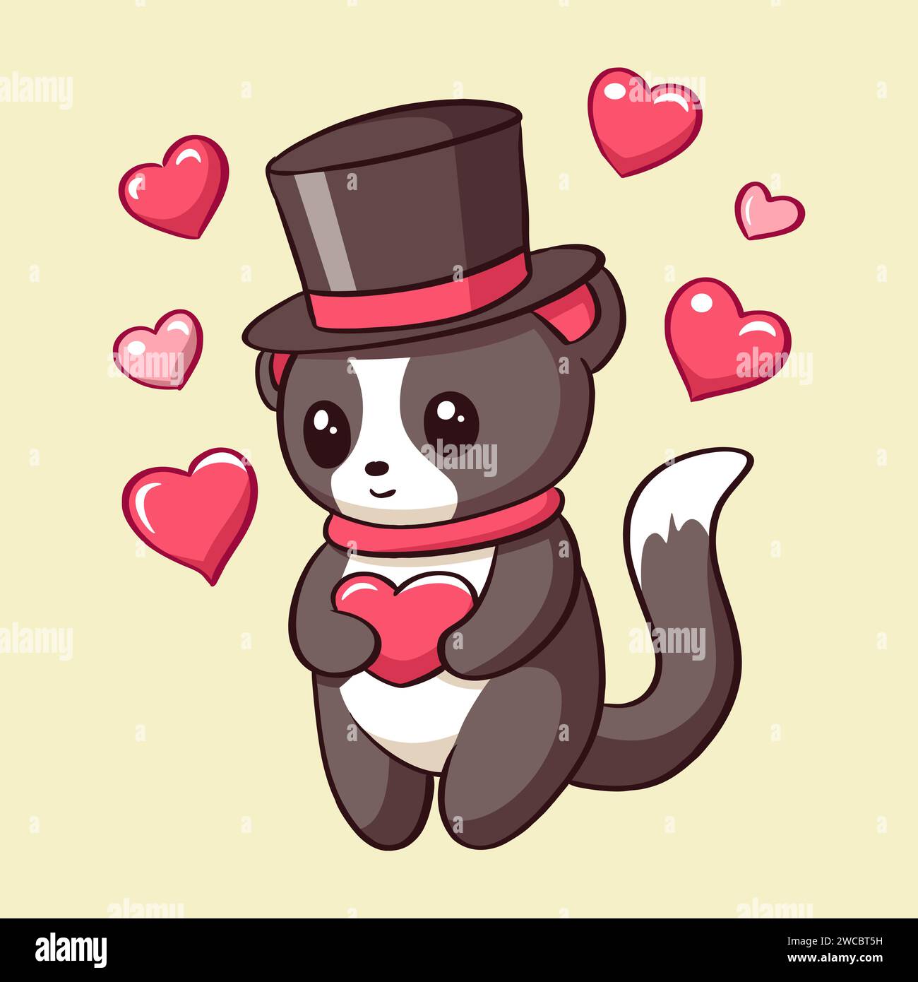 Cette ravissante œuvre d'art représente un chat irrésistiblement mignon enfilant un chapeau orné de coeurs, créant une scène enchanteresse qui rayonne d'amour. Idéal pour inje Illustration de Vecteur