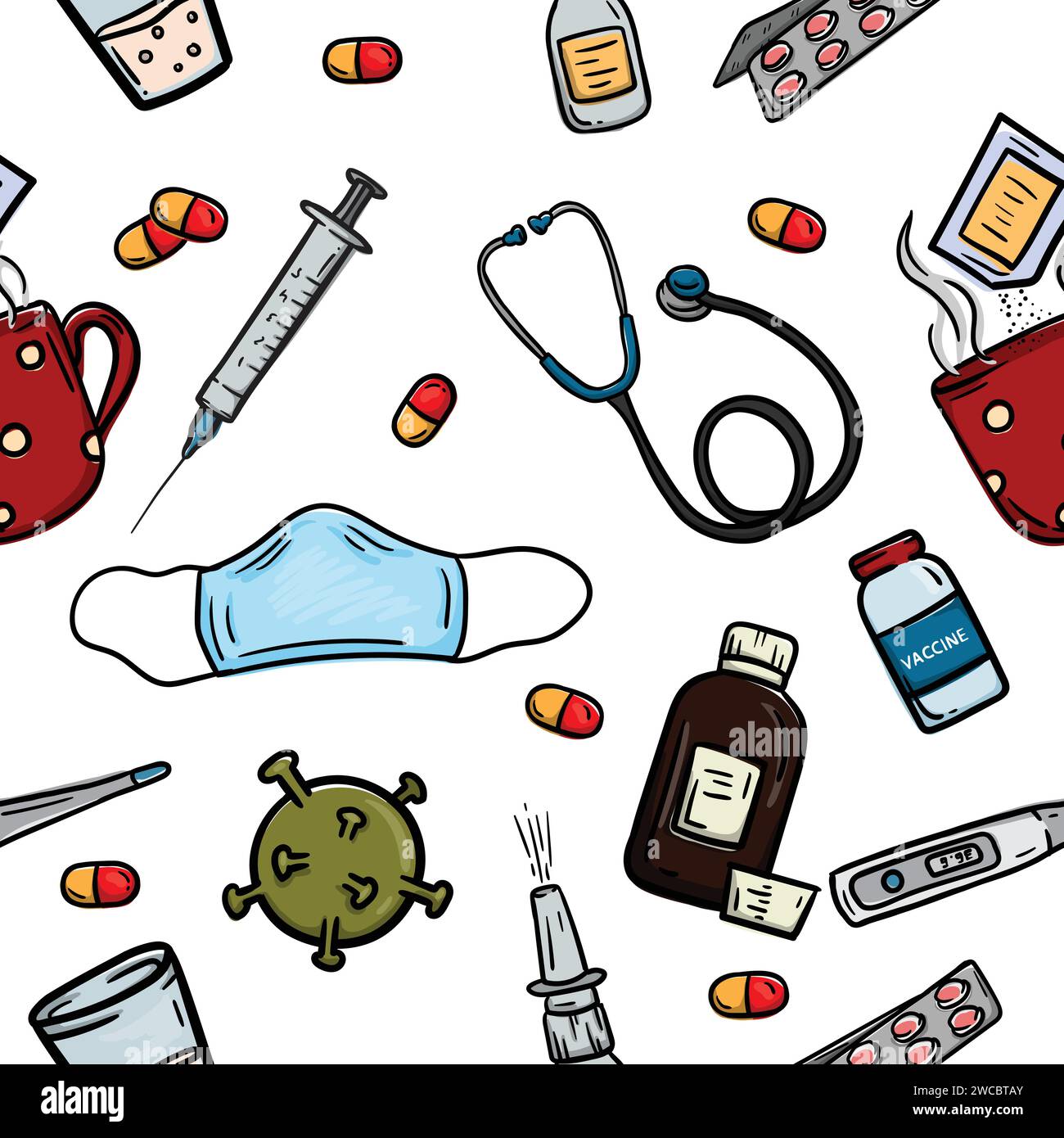 Modèle vectoriel sans couture avec des éléments médicaux, des médicaments, des virus, des pilules, un vaccin et une tasse de thé Illustration de Vecteur