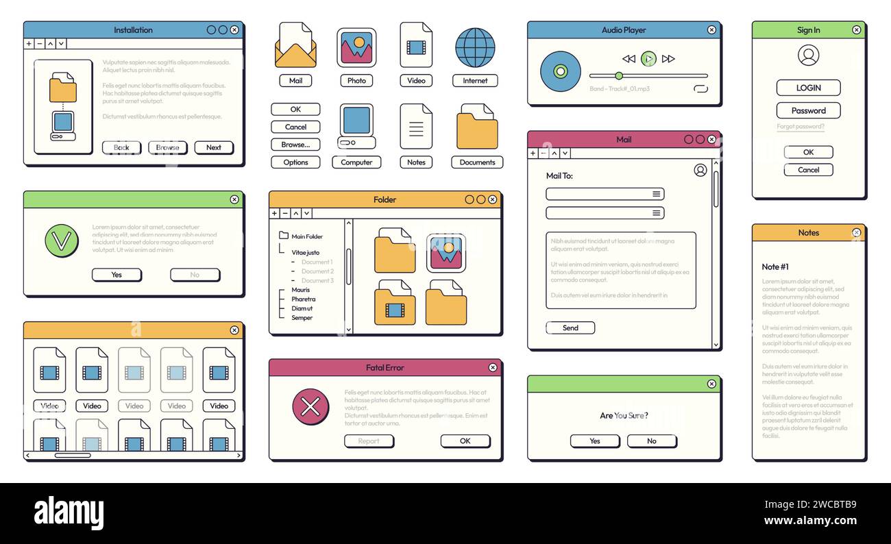 Interface utilisateur de l'ordinateur 90s. Panneaux GUI de style rétro des années 80 et 90 avec boutons et cadres pour la conception d'applications et de systèmes d'exploitation. Vector écran de notification moderne de conception d'interface graphique 90s illustration Illustration de Vecteur