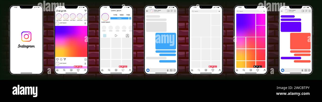 Motif Instagram. Définir le modèle d'interface de réseaux sociaux et de réseaux sociaux de l'écran instagram. Cadre photo Instagram. Histoires, aimés, en streaming. Éditorial ve Illustration de Vecteur