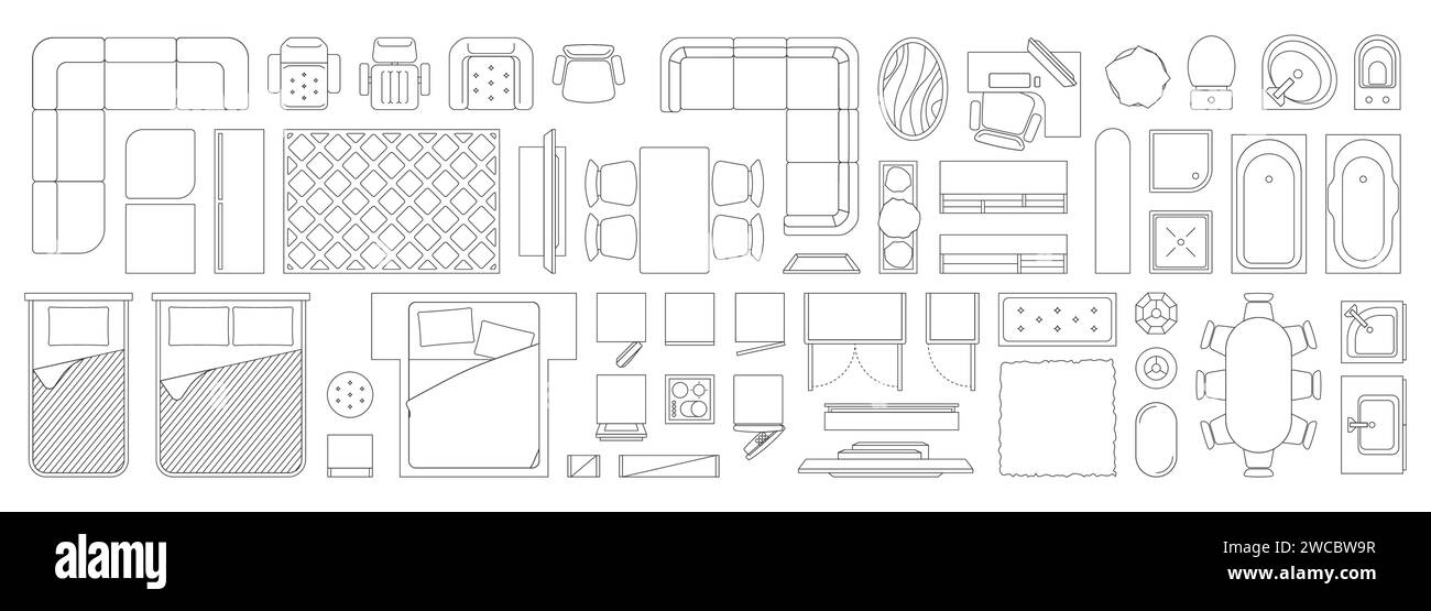 Icônes de vue de dessus intérieures linéaires. Plan d'étage du bureau et de la chambre à domicile, vue de dessus de la table et du canapé, chaise de bureau. Icônes de design plat moderne. Ensemble vectoriel d'illustration de la maison de meubles d'intérieur Illustration de Vecteur