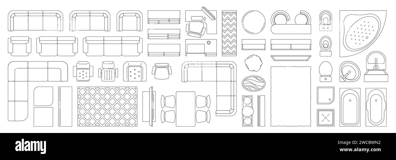 Vue de dessus d'un meuble intérieur linéaire. Plan d'étage supérieur du salon, cuisine, chambre avec fauteuil, canapé et lit. Concept de vecteur de plan de décoration à la maison. illustration du plan de mobilier intérieur Illustration de Vecteur