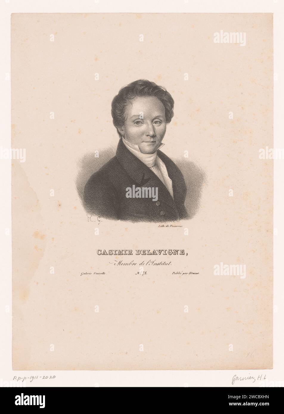 Portret van Casimir Delavigne, Hippolyte Louis Garnier, 1823 print Paris papier personnages historiques Banque D'Images
