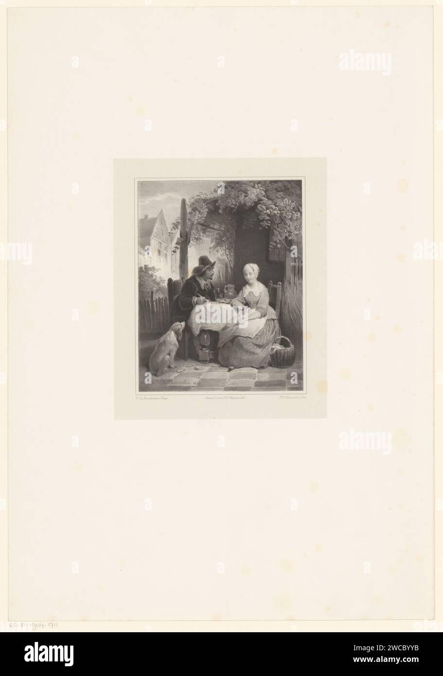 Homme et femme à la table, Franciscus Bernardus Waanders, d'après Braekeleer (I), Ferdinand de, 1842 - 1863 imprimer Un homme et une femme assis devant une maison à une table avec un bol d'huîtres. L'homme tient une pipe et un verre dans ses mains. À gauche de la table se trouve un chien. Le journal de la Haye. conversation, dialogue ; pièce de conversation Banque D'Images