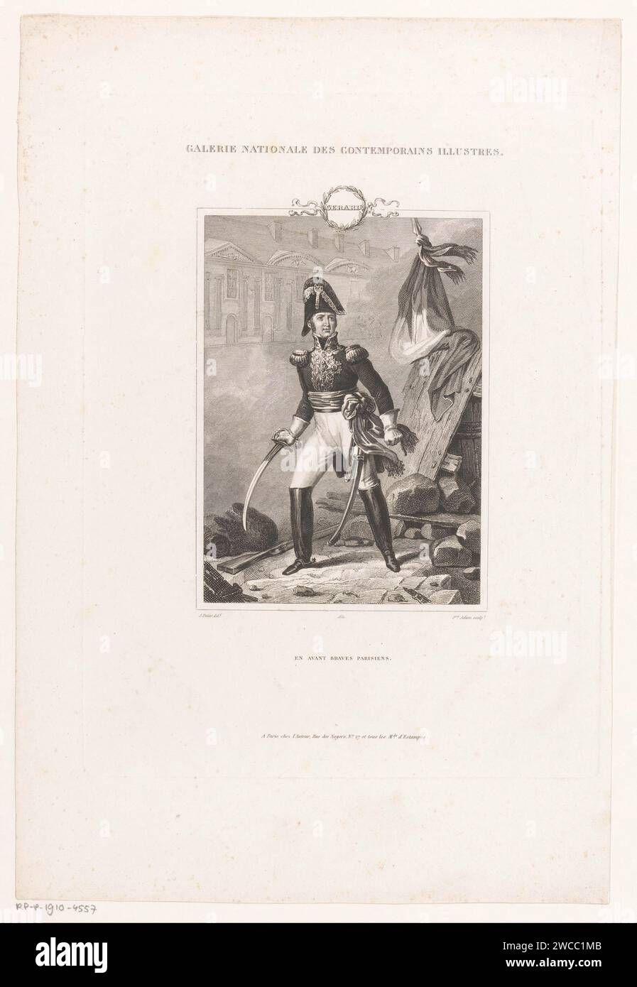 Portret van Étienne-Maurice Gérard, Pierre Michel Adam, d'après Antoine Julien Potier, 1831 print France papier gravure / gravure personnages historiques. uniformes (militaires). lieu ou ville dévasté, ruiné ( guerre) Banque D'Images