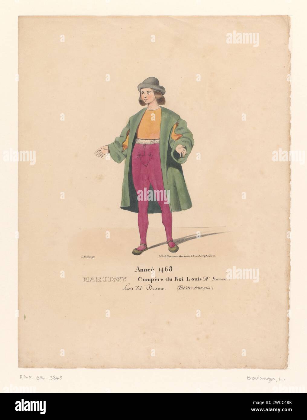 Costume de Martigny, Helper van Louis XI de France, tiré du drame Louis Xi à Péronne, Louis Boulanger, d'après Henri Duponchel, d'après Jean Alaux, 1826 tirage Paris papier tragédie. acteur (sur scène). costume de scène Banque D'Images