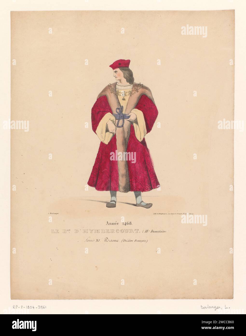 Kostuum van baron de Hymbercourt UIT het drame Louis XI in Péronne, Louis Boulanger, d'après Henri Duponchel, d'après Jean Alaux, 1826 print Paris papier tragédie. acteur (sur scène). costume de scène Banque D'Images