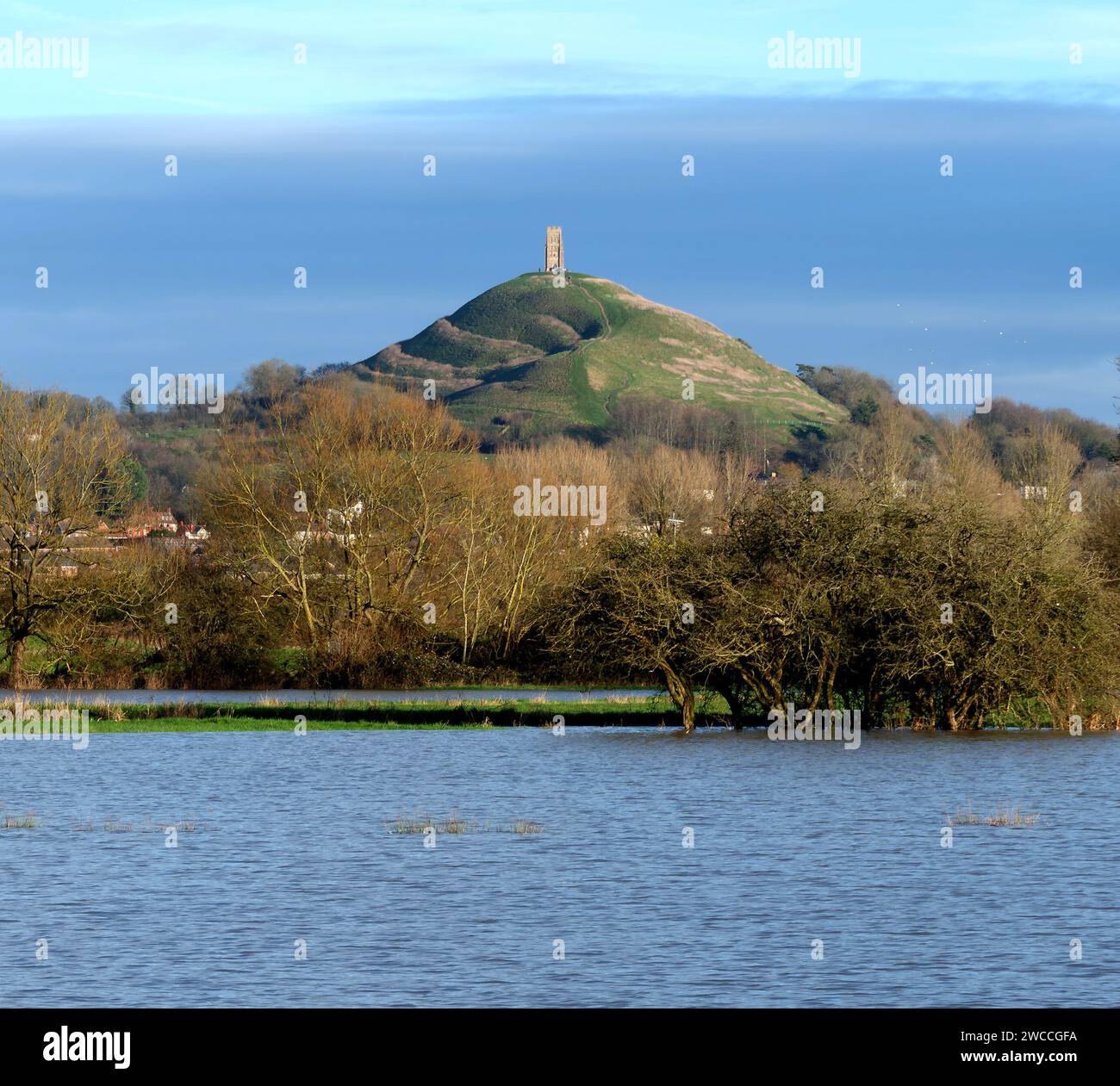 Glastonbury Tor s'élevant des champs inondés du Somerset Levels et couronné par la tour de l'église St Michael Banque D'Images